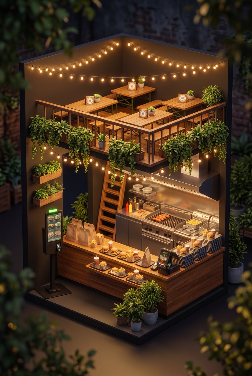 Diorama: Quick-Service-Restaurant mit Self-Ordering