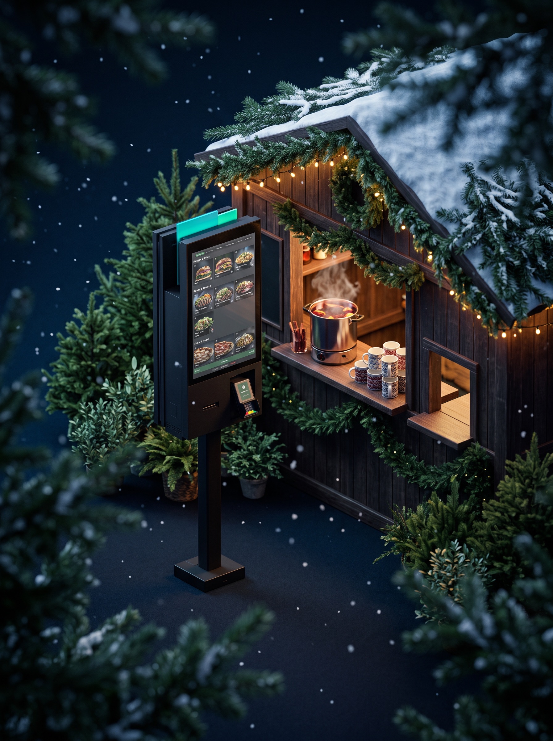 Weihnachtsmarkt-Hütte mit servier.bar Self-Order-Kiosk
